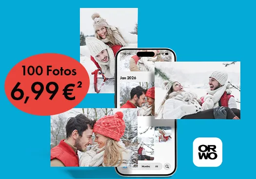 ORWO Fotoaktion mit Smartphone: Collage aus Winterfotos eines Paares, dargestellt in einer App-Ansicht mit Kalenderfunktion und Angebot „100 Fotos für 6,99 €“.