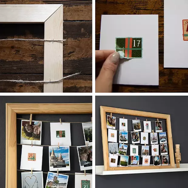 DIY Weihnachtskalender – Schritt-für-Schritt Bastelanleitung Eine Collage aus vier Fotos, die die einzelnen Schritte zum Basteln eines DIY Weihnachtskalenders zeigt. Zuerst wird der Bindfaden am Rahmen befestigt, dann werden Aufkleber mit Zahlen auf die Rückseite der Fotos geklebt. Eine Nahaufnahme zeigt die Ecke mit befestigtem Strick und den Bildern. Das fertige Ergebnis ist ein individuell gestalteter Kalender.