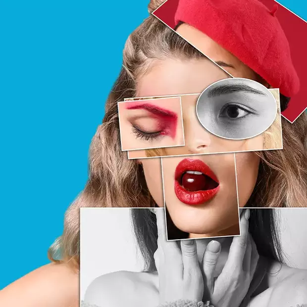 Eine kreative Collage im Retro-Stil: Aus einem alten Frauenporträt wird ein Bild vom Bild durch Collagenteile neu interpretiert.