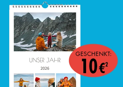 ORWO Fotokalender „Unser Jahr 2026“ mit Familienfotos in Berglandschaft, personalisierter Jahreskalender mit Geschenkaktion über 10 Euro
