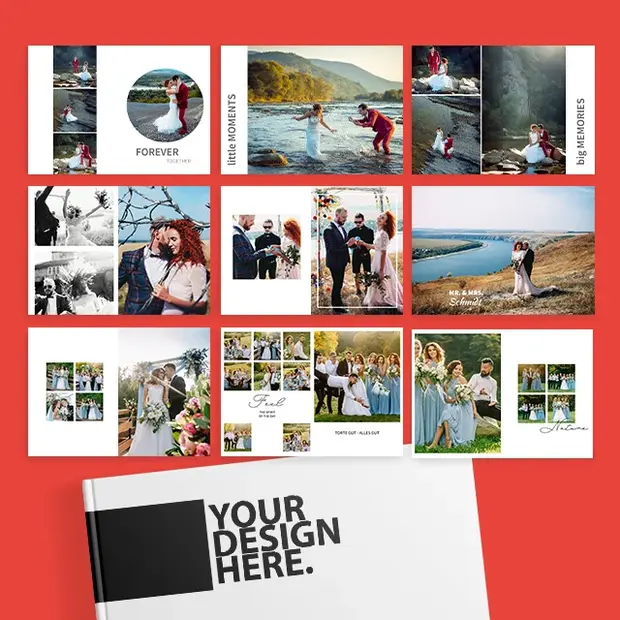 Verschiedene Layouts und Designvorlagen für ein Hochzeitsfotoalbum mit vielen Bildcollagen und Gestaltungsmöglichkeiten
