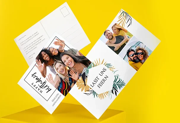 Ob "Happy Birthday" oder "Lasst uns feiern" – mit passenden Designs und eigenem Foto werden Postkarten zu ganz persönlichen Grüßen. FAQ ORWO Karten.