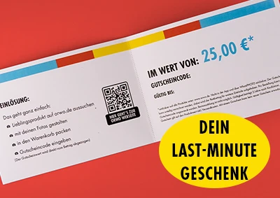 ORWO Geschenkgutschein als Last-Minute-Geschenk mit 25 Euro Wert, Gutschein-Code und Hinweis „Dein Last-Minute-Geschenk“ auf rotem Hintergrund