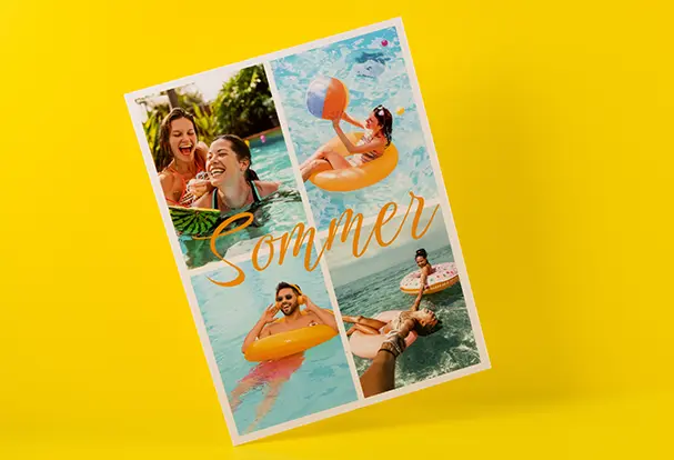 Das Foto auf Forex mit vier sommerlichen Aufnahmen und dem Text "Sommer" erinnert an warme Tage. Es ist eine perfekte Ergänzung zu einem Geburtstagskalender aus Holz für persönliche Dekorationen im Zuhause.