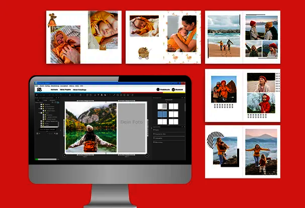 Bildschirm mit Gestaltungssoftware für ein Hochzeitsfotobuch sowie verschiedene Layoutvorlagen und Designideen