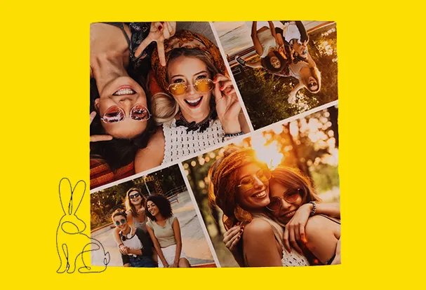Tischdecke mit vier verschiedenen Fotos von drei Frauen. Für eine persönliche Stimmung auf dem Tisch.