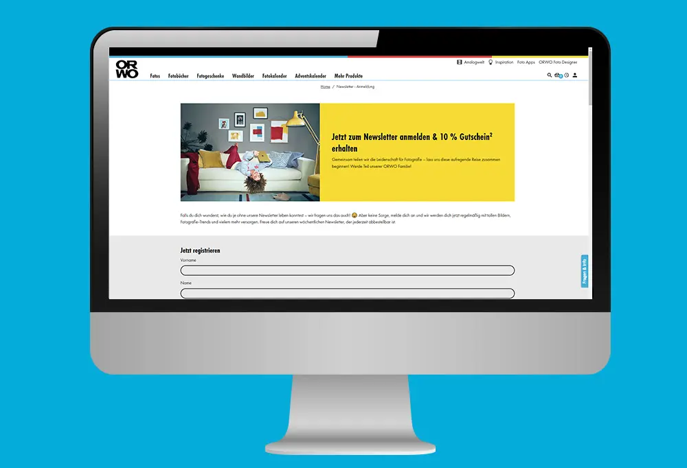 Melde dich zum ORWO Newsletter an und verpasse keine Top Angebote Black Friday. Screenshot zeigt Desktop mit geöffneter ORWO-Webseite zur Anmeldung.