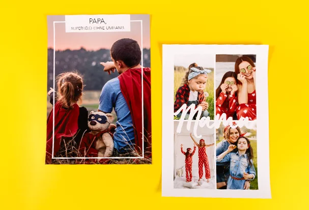 Eine Collage für Mama mit vier Fotos und dem Schriftzug „Mama“ und ein Designposter mit einem großflächigen Bild, einer puristischen Gestaltung inkl. liebe Grüße für Papa.