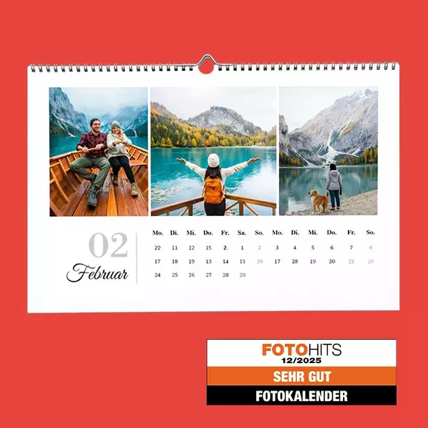 ORWO Fotokalender im Produkttest: personalisierter Monatskalender Februar 2026 mit drei Reisefotos am See und Kalenderübersicht
