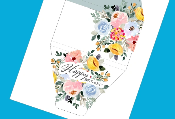 Der Bastelbogen „Happy Birthday“ macht gleich gute Laune mit seinem bunten Blumendesign. Von Ranunkel bis zur Gerbera, von Sonnengelb bis Dunkelgrün. Hier kannst du deine Schokolade in einem sommerlichen Bouquet verpacken.