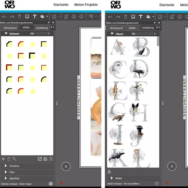 Nach dem Softwareupdate auf Version 6.3 findest du Effekte wie Rahmen, Schatten oder Filter und Gestaltungselemente wie Cliparts und Masken nun in getrennten Reitern.