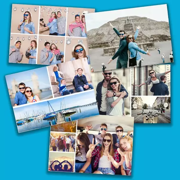 Vielfalt der Postkarten-Designs in der App Fünf verschiedene Postkarten-Designs aus der App sind nebeneinander angeordnet. Jedes Design zeigt ein einzigartiges Motiv, das über die App einfach Postkarte online verschicken kann.