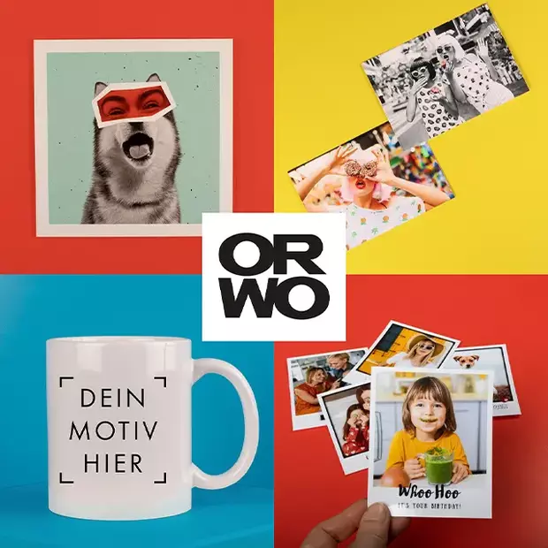 Whatsphoto – Bilder von WhatsApp drucken Eine Collage mit verschiedenen Fotoprodukten: Haustier Hund, Freundinnen, Kind mit Spinatschnute und eine unbedruckte Tasse. Jetzt Fotos per WhatsApp bestellen mit whatsphoto!