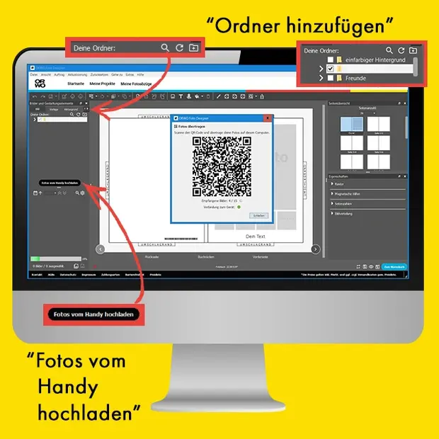 Anleitung in der ORWO Fotobuch-Software zum Hochladen von Fotos vom Handy und Hinzufügen von Ordnern über den QR-Code.