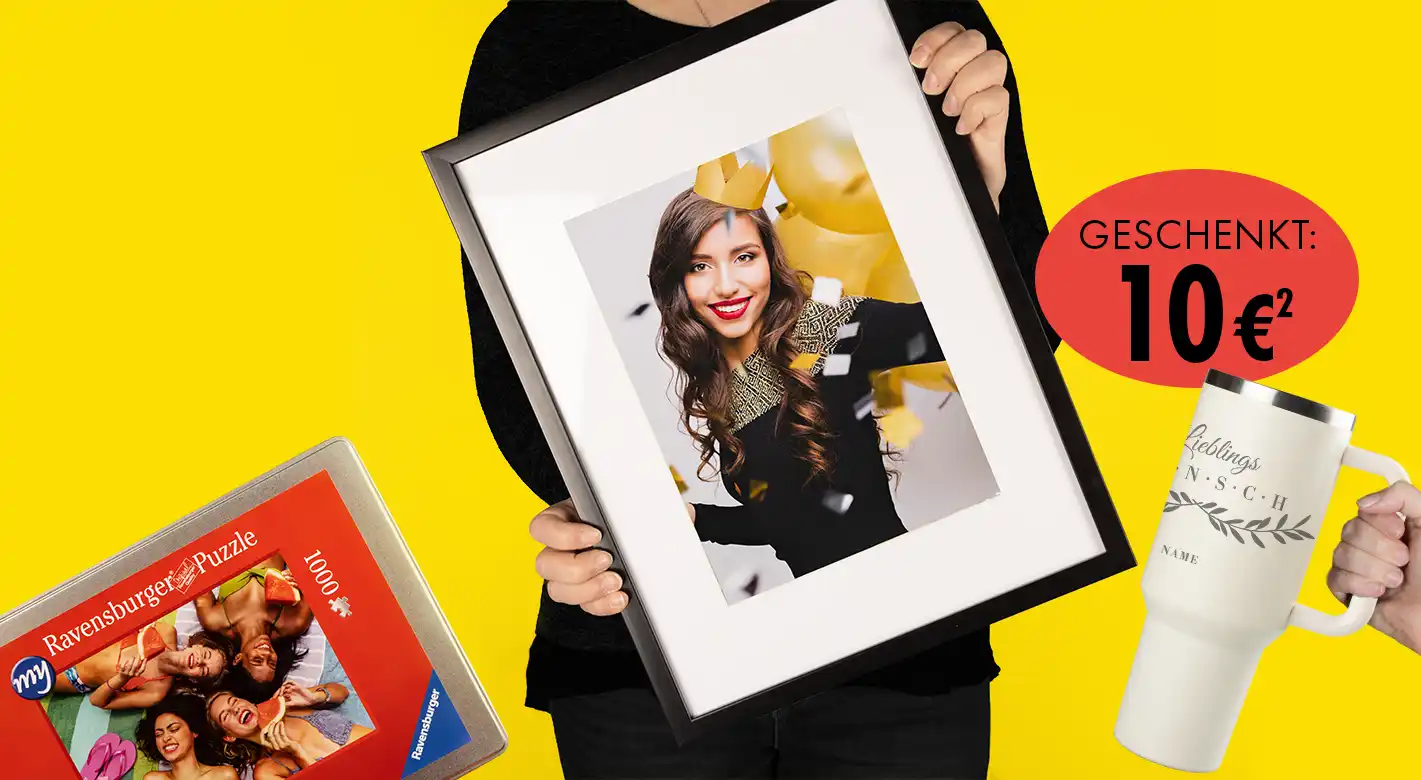 Vielfältige Fotoprodukte von ORWO – Bilderrahmen, Fotobuch und personalisierter Thermobecher als Geschenkidee