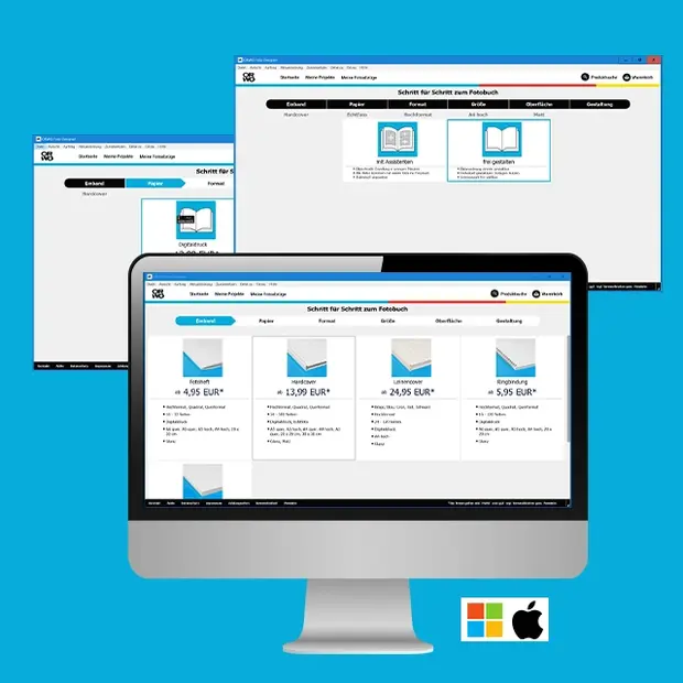 Benutzeroberfläche der ORWO Fotobuch-Software auf einem Computer zur Gestaltung eines individuellen Fotobuchs.