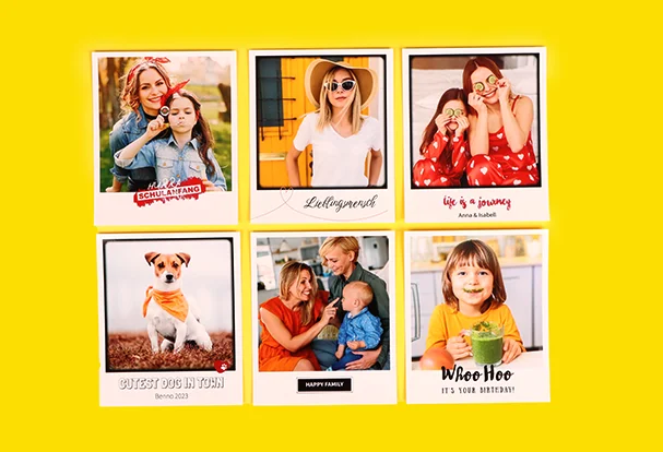 echs verschiedene Familien- und Hundefotos im Retro-Look. Unterschiedliche Filter, Cliparts und Textelemente machen jede Erinnerung einzigartig.