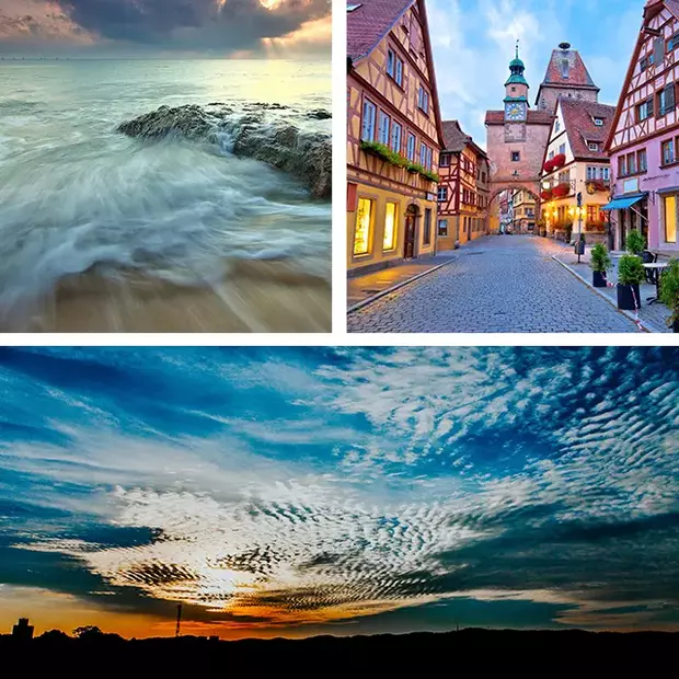 Graufilter verstehen – Drei beeindruckende Anwendungen Eine Collage zeigt die Wirkung von Graufiltern: Wasser in Bewegung, eine menschenleere Innenstadt und dramatische Wolkenformationen. Perfekt für Langzeitbelichtungen und kreative Fotografie.