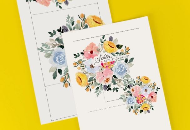Tassen Geschenkset: Floraler Bastelbogen mit Ranunkeln und Gerbera und dem Schriftzug „Schön, dass es dich gibt“. Ein besonderes Detail für persönliche Geschenke.