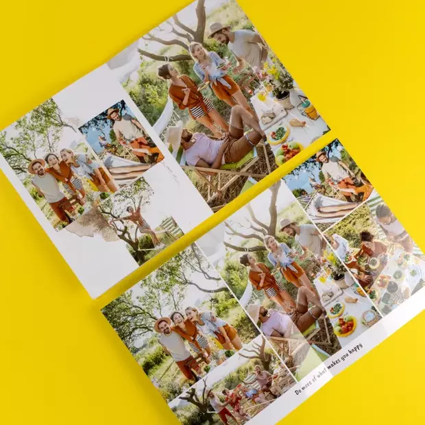 Freundeskreis-Jahrbuch für Partys, Feste und Ausflüge Zwei geöffnete Fotobücher mit Fotos von Sommerfest, Hängematte und Freunden, Freundeskreis-Jahrbuch auf gelbem Hintergrund.