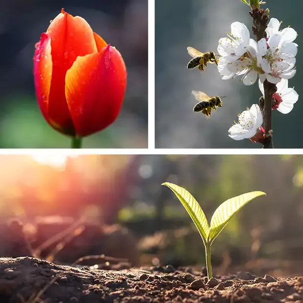 Bilder vom Frühlingserwachen: Details im Fokus Eine Collage zeigt Makro-Bilder vom Frühlingserwachen: eine Tulpe mit Tautropfen, Bienen an Kirschblüten, ein grüner Pflanzenspross auf dem Erdboden. Setze den Fokus auf Details.