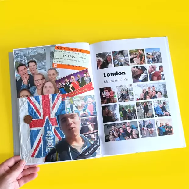 Kreativ gestalten – Gruppenreise-Fotobuch mit persönlichen Reiseerinnerungen aus London London-Reise im personalisierten Gruppenreise-Fotobuch mit Tickets, Collagen und Erinnerungen.