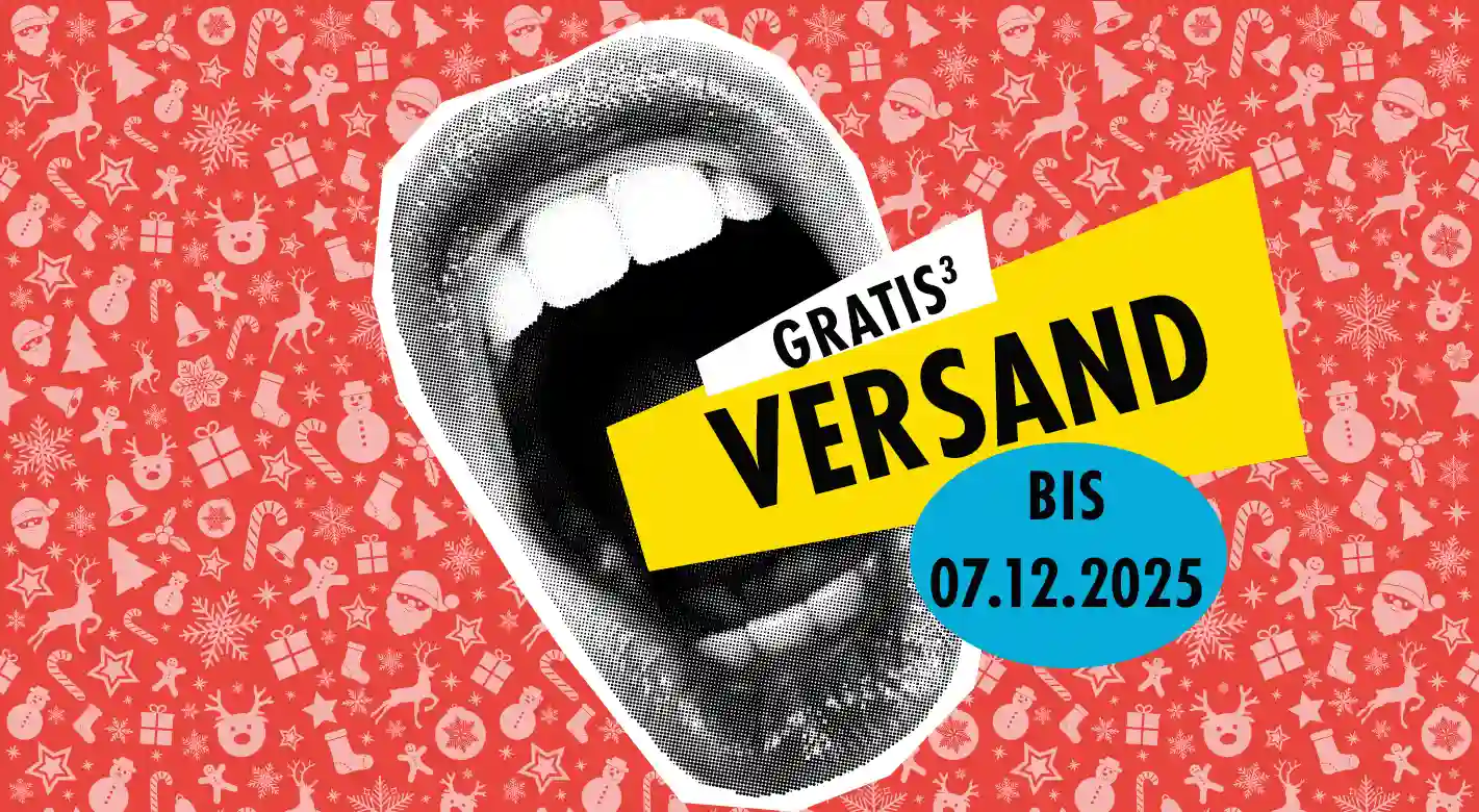 Eine wilde Collage aus bunten Hintergrundflecken und einem gepflegten, schwarz-weißen Mund bildet das zentrale Element. Aus diesem Mund wird mittels typografischer Gestaltung die Aktion "Gratis Versand" für Fotoprodukte ausgerufen, was die Botschaft auf kreative Weise vermittelt.