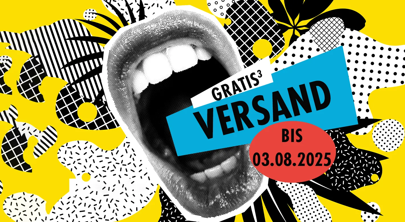 Eine wilde Collage aus bunten Hintergrundflecken und einem gepflegten, schwarz-weißen Mund bildet das zentrale Element. Aus diesem Mund wird mittels typografischer Gestaltung die Aktion "Gratis Versand" für Fotoprodukte ausgerufen, was die Botschaft auf kreative Weise vermittelt.