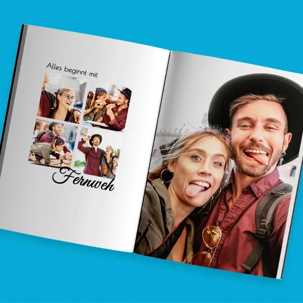 Fotobuch Layout-Ideen für Reiseerinnerungen mit Bildcollagen, Text-Elementen und moderner Seitengestaltung