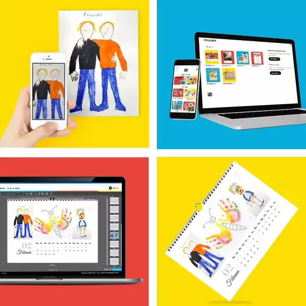Kalender mit Kinderbildern: Kreative Gestaltung bei ORWO Eine Collage aus vier Bildern zeigt den Ablauf, um einen Kalender mit Kinderbildern bei ORWO zu gestalten. 1. Foto vom Kunstwerk machen, 2. Kalender auswählen, 3. individuell gestalten, 4. fertig gedruckter Kalender.