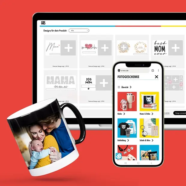 Auswahl an personalisierbaren Fotogeschenken zum Muttertag auf Desktop und Smartphone mit gestaltbarer Fototasse im Vordergrund als individuelle Geschenkidee mit eigenen Bildern