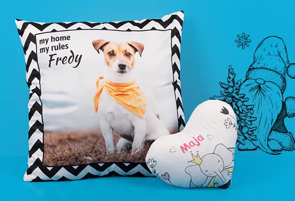 Quadratisches Fotokissen mit Lieblingsfoto vom Hund und Kuschelkissen in Herzform für kleine Lieblinge.