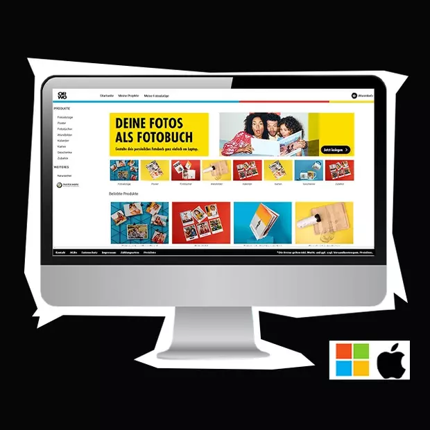 Auf diesem Monitor ist die Fotobuch Software geöffnet, die sowohl für Windows als auch MAC verfügbar ist. Gestalte dein persönliches Fotobuch und nutze die Black Week Rabatte für deine Bestellung.