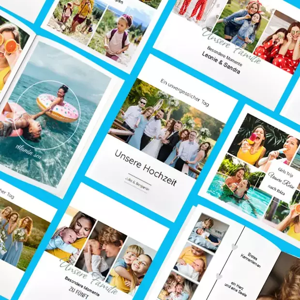 Vielfältige Fotobücher in verschiedenen Formaten - Fotobuch Software Auf einem Tisch liegen mehrere gestaltete Fotobücher in verschiedenen Formaten. Zu sehen sind Motive wie eine Hochzeit, Familienfotos und Reiseerinnerungen. Jedes Fotobuch präsentiert die einzigartigen Momente in persönlichem Design, erstellt mit der Fotobuch Software.