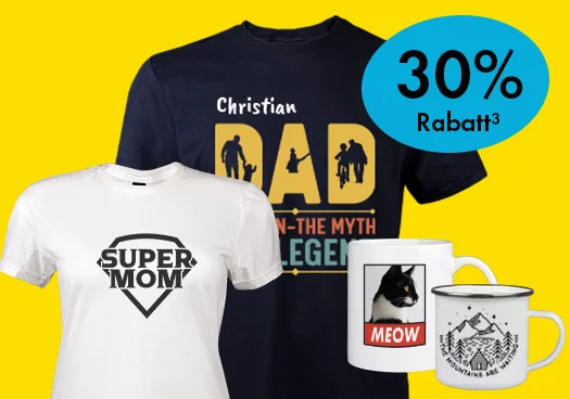 Personalisierte Fotoprodukte: T-Shirt schwarz "Dad, the Legend", T-Shirt weiß: "Supermom", Fototasse mit Katze, Emaille Tasse mit Wandermotiv.