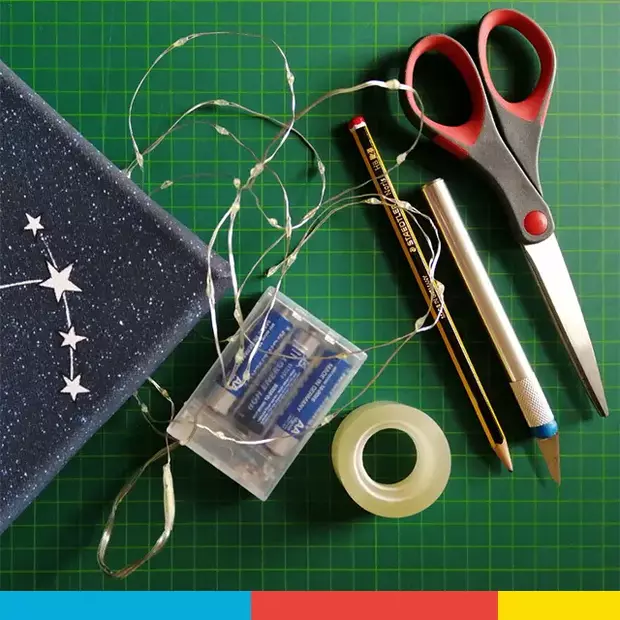 Bastelutensilien für Sternzeichen-Wandbilder Zu sehen sind die nötigen Bastelutensilien für die Gestaltung von Sternzeichen-Wandbildern: eine bedruckte Leinwand, Schere, Lichterkette und Klebeband. Mit diesen Materialien lässt sich das gewünschte Design kreativ umsetzen.