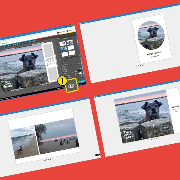 Vorschauansicht eines Fotobuchs in der ORWO Fotobuch-Software mit einzelnen Seitenlayouts und Bildern.