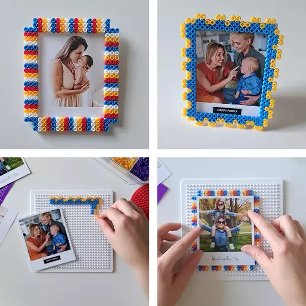 Bügelperlen-DIY: verschiedene Muster für Bilderrahmen Vier Bilder, die den Bastelprozess des Bügelperlen DIYs zeigen. Auf den Fotos sind verschiedene Fotos zu sehen, darunter Familien- und Outdoor-Bilder.