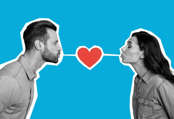 Valentinstag Fotogeschenke für Paare: Mann und Frau küssen sich über ein rotes Herzsymbol vor blauem Hintergrund, romantisches Motiv für persönliche Fotogeschenke.