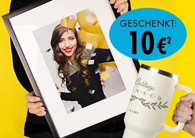 ORWO Fotoprodukte als Geschenkset mit gerahmtem Portraitfoto und personalisiertem Thermobecher, inklusive 10 Euro Geschenkaktion auf gelbem Hintergrund