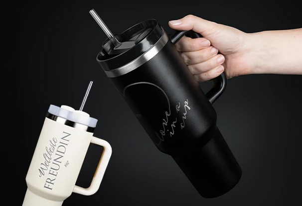 Thermobecher personalisiert – Black Friday ORWO Personalisierter XXL Thermobecher in Schwarz und Beige – Black Friday ORWO Angebot