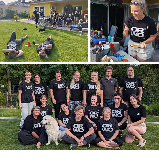 Wir feiern 1 Jahr ORWO! Viele lachende Menschen in schwarzen ORWO T-Shirts im Garten. Wir feiern unseren 1. Jahrestag der Marke ORWO.