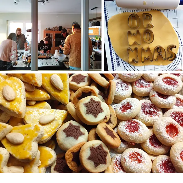 Weihnachtsplätzchen backen bei ORWO Selbst gebackene Weihnachstplätzchen und ORWO XMAS Ausstechformen auf ausgerolltem Teig. Gemeinsam Backen ist eine Weihnachtstradition des ORWO-Marketing-Teams.