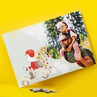 Weihnachtsdesign mit Weihnachtsmann auf Moped und persönlichem Foto von Papa mit Tochter auf den Schultern. Individuell gestaltet mit Lieblingsfoto und Text.