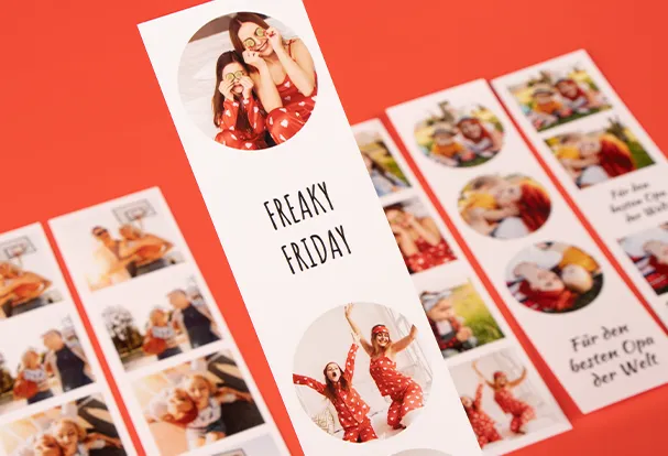 Leporello mit Fotostreifen – Wähle die Formen deiner Bildboxen im Editor. Fotostreifen im Automatenlook eigen sich besonders gut für dein DIY-Leporello. Du erhältst sechs Streifen mit bis zu vier Fotos pro Streifen. Wähle deinen Favoriten.