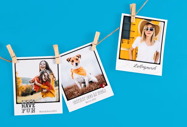 Für dein Leporello kannst du die Retro Fotos bereits mit Cliparts und Schrift vorgestalten. Retro Fotos – auf Fuji Fotopapier, aufgehangen an kleinen Holzklammern und einer Bastschnur. Ob im Leporello, im Fotoalbum oder an einer Schnur: Die machen immer eine gute Figur.