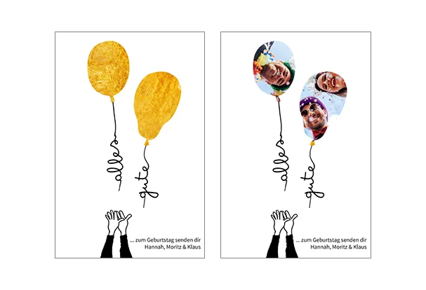 Geldgeschenk verpacken: Alles Gute zum Geburtstag Zwei Luftballons mit Fotos gefüllt, einer Farbfläche oder zum Ausschneiden um dein Geldgeschenk zu verpacken.