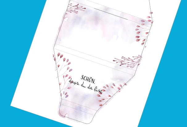 DIY-Bastelbogen „Liebe in Pastell“ – Schokolade in einem Aquarell verpacken. Die Banderole um dein Gastgeschenk Schokolade zu verpacken zeigt zarte, burgundfarbene Blütenknospen, welche von Pastelltönen in den Farben Rosa bis Blau umschlossen werden. Dieser Hintergrund wird vom Aquarellstil geprägt.