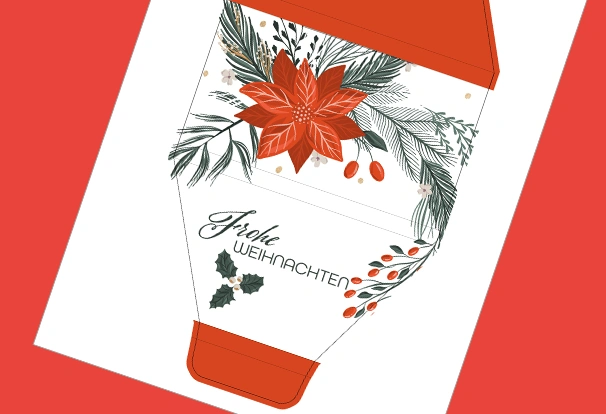 DIY-Bastelbogen „Frohe Weihnachten“ – Klassisch Schokolade verpacken Den Bastelbogen „Frohe Weihnachten“ dominieren Mistelzweig, Weihnachtsstern und Tannengrün, sowie eine rote Farbfläche. Fix und fertig um Schokolade im traditionellen Look zu verpacken.