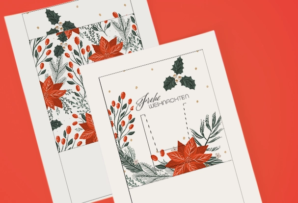Festliche Bastelbögen – perfekte Ergänzung für dein Tassen Geschenkset Tassen Geschenkset: Weihnachtlicher Bastelbogen mit Mistelzweigen und rotem Weihnachtsstern sowie dem Schriftzug „Frohe Weihnachten“.